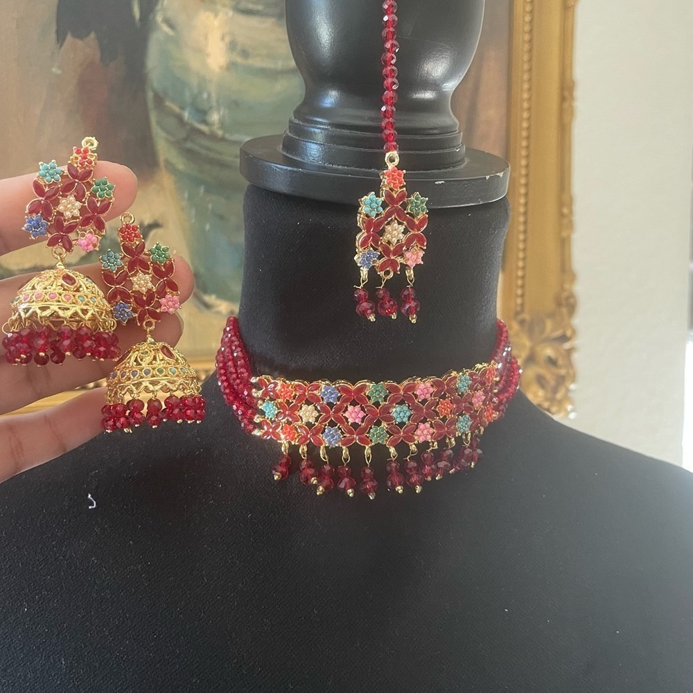 New! Pakistani Indian Bollywood beaded Necklace Choker Earrings Tikka Set Maroon